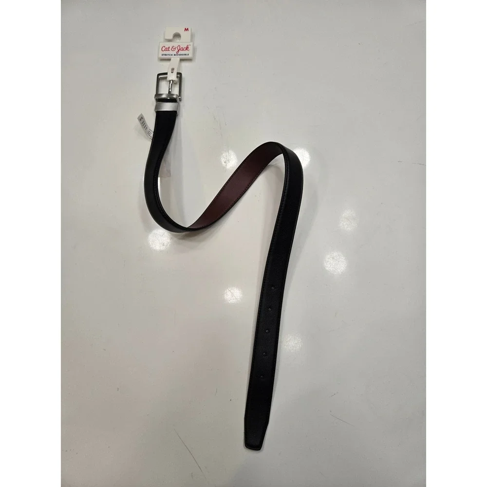 Cat & Jack Kids Black Brown Reversible Stretch Belt‎ Silver Buckle Medium NEW